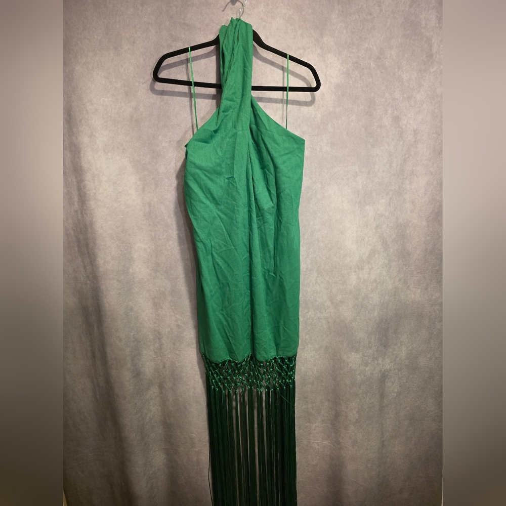 AQUA Bloomingdale’s Green Fringe Trim Halter Dress~Large $118~NWT